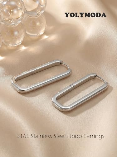 Medium Rectangle Silver Hoop Earrings in Stainless Steel for Women | Hypoallergenic Surgical Steel for Sensitive Ears Unique Lightweight Geometric Paperclip Earrings for Ladies Everyday Wear