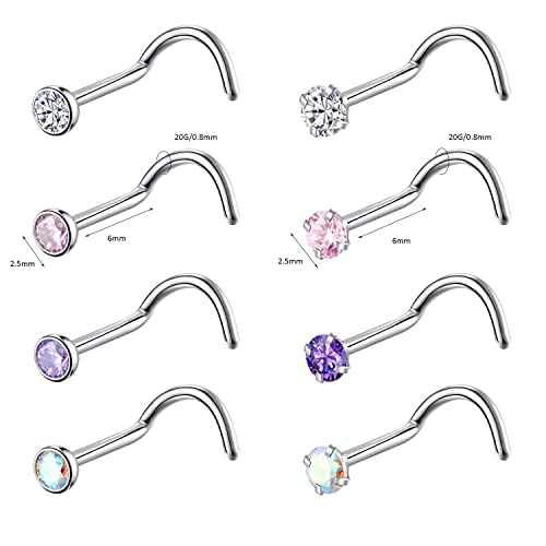 8PCS G23 Titanium Twist Screw Nose Studs 18G 20G Nose Rings 2mm 2.5mm 3mm Clear Pink Purple Aurora CZ Gold Nose Piercing Studs Nostril for Women Men - style: 20g silver mix-color cz 2.5mm
