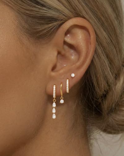 Gold Silver Earrings for Women Trendy 14K Gold Plated Dangle Hypoallergenic Cartilage Earrings Small 925 Sterling Silver Post Dainty Hoop Drop Pearl Earring Stacks Set Huggie Chain Earrings Jewelry - color: B-Hypoallergenic Earrings-Gold