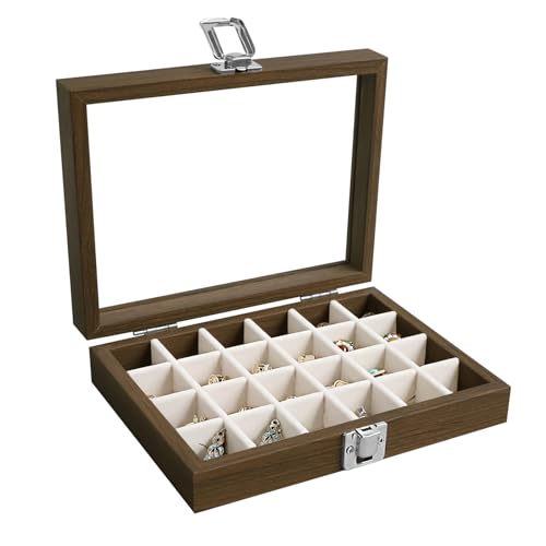 Wudygirl 24 Grid Earring Organizer Small Jewelry Box with Lid WoodBeige | Ring Box with Adjustable Dividers, Velvet Lining, Ideal for Rings, Earrings, Jewelry Display, Gift Giving - style: Wood Beige 24 Grid