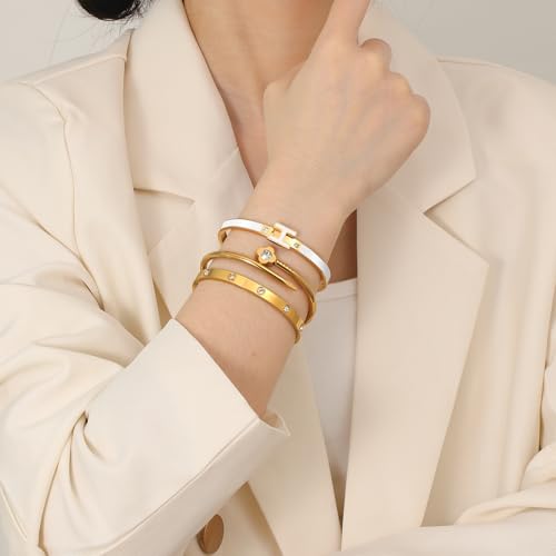 3Pcs Gold Bracelets for Women 14K Gold Plated Love/H/Nail Bangle Bracelet Dainty Non Tarnish Bracelet Jewelry Christmas Mothers Day Gifts for Women - color: 3Pcs Gold/White H bracelet