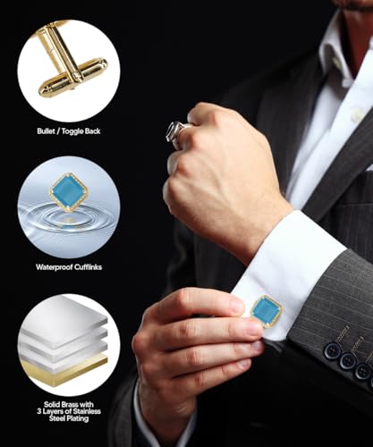 Large Big Square Crystal Color Stone Cuff Links for Men – Tuxedo Suit Accessories, Cufflinks for Men - style: Matte Sky/Gold