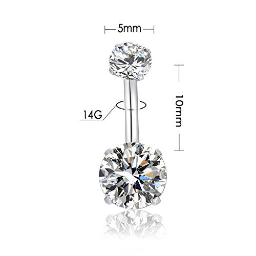 HQLA 14G Belly Button Rings Surgical Stainless Steel Round Cubic Zirconia Navel Barbell Stud Body Piercing - color: 6Pcs