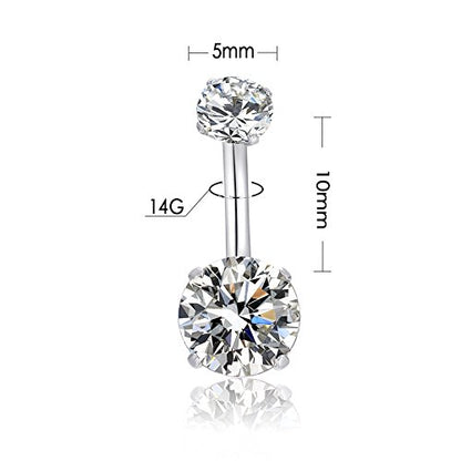 HQLA 14G Belly Button Rings Surgical Stainless Steel Round Cubic Zirconia Navel Barbell Stud Body Piercing - color: 6Pcs