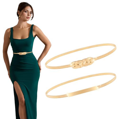 XZQTIVE 2 Pieces Women Skinny Metal Chain Waist Belt Stretchy Saree Cinch Belt for Dress Gold Sliver - color: 09 Gold, size: Fit waist 30-33 in