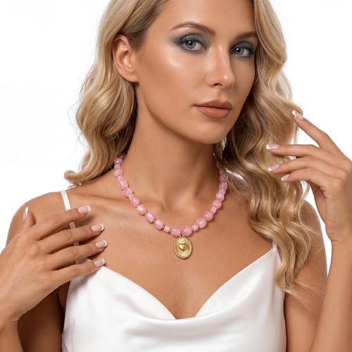 Chunky Beaded Necklaces for Women Trendy Colorful Acrylic Bead Statement Necklace Puffy Heart Pendent Necklaces for Women Boho Fashion Jewelry - color: K-pink