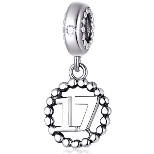 5,10,15,16,17,18,20,21,25,30,35,40,42,49,50,55,60,65,70 Number Charms for European Bracelet, 925 Sterling Silver Birthday Pendant Beads with CZ, Gifts for Mothers Day/Anniversary - color: Number 17 Charm