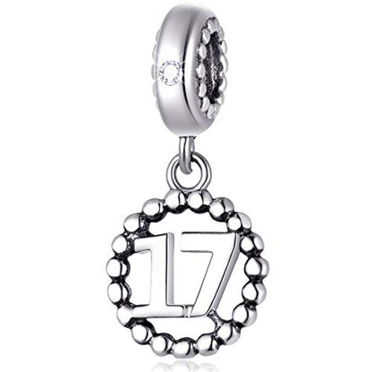 5,10,15,16,17,18,20,21,25,30,35,40,42,49,50,55,60,65,70 Number Charms for European Bracelet, 925 Sterling Silver Birthday Pendant Beads with CZ, Gifts for Mothers Day/Anniversary - color: Number 17 Charm