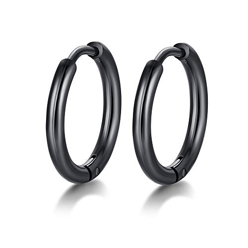 FOSIR Stainless Steel Small Huggie Hoop Earrings for Women Men Cartilage Earring Hoops, 6/8/10/12mm Diameter - style: 6mm Black(2pcs)