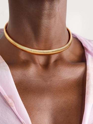 Badu Chunky Gold Stainless Steel Choker Necklace For Women Stretch Snake Shain Non Tarnish Gold Triple Necklace - color: Gold-01