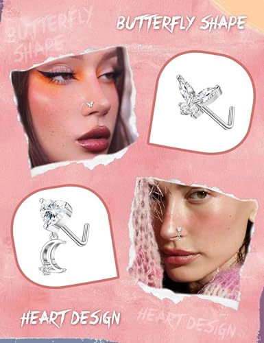 Sanfenly 12 PCS 20G Nose Rings Surgical Stainless Steel, L Shaped Nose Studs for Women Men, CZ Heart Butterfly Flower Leaf Moon Dangle Cute Nose Piercings Studs Screw Jewelry Pink/Purple/Blue/Clear - color: Clear