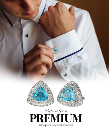 Triangular Crystal Diamond Set Cuff Links for Men – Tuxedo Suit Accessories, Cufflinks for Men - style: Turquoise/Silver