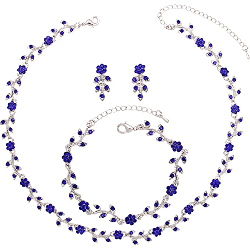 Austrian Crystal Rhinestone Choker Necklace Dangle Earring Link Bracelet Jewelry Set for Brides Bridesmaid Prom Costume Accessories for Women - color: En001-Deep Blue-Platinum Plated
