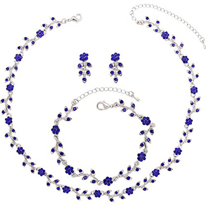 Austrian Crystal Rhinestone Choker Necklace Dangle Earring Link Bracelet Jewelry Set for Brides Bridesmaid Prom Costume Accessories for Women - color: En001-Deep Blue-Platinum Plated