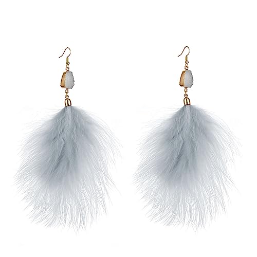 Feather Earrings for Women Boho Bohemian Style Tassel Fringe Statement Drop | Boho Tassel Fringe Statement Drop Earrings Dangle with Bohemian Vibe for Summer Beach Vacation Cruise Festival Outfit - color: White