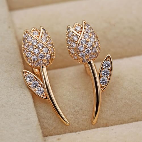 18K Gold Plated Flower Dangle Earrings for Women, Hypoallergenic Cubic Zirconia Earrings, Elegant CZ Drop Earrings, Statement Jewelry Gifts Party Fashion - style: Hoop-Tulip
