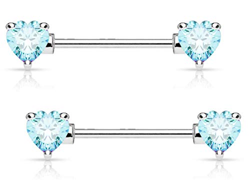 Forbidden Body Jewelry Pair of Surgical Steel 1/2-5/8 Inch (12-16mm) Cubic Zirconia Crystal Double Heart Nipple Barbells - style: Aqua