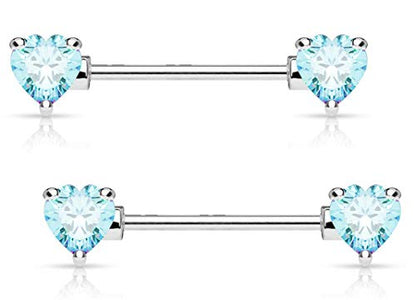 Forbidden Body Jewelry Pair of Surgical Steel 1/2-5/8 Inch (12-16mm) Cubic Zirconia Crystal Double Heart Nipple Barbells - style: Aqua