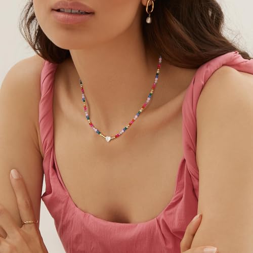KissYan Beaded Choker Necklace for Women, Colorful Natural Gemstones Pearl Choker 14K Gold Plated Pendant Healing Crystal Necklace Handmade Stone Jewelry Gift | 14K Gold Plated Pendant Necklaces, Natural Gemstones Pearl Choker, Healing Crystal Chain, Hand