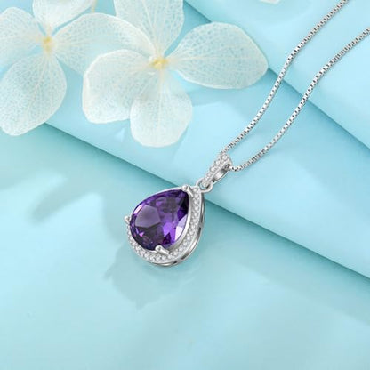FJ Teardrop Pendant Necklace 925 Sterling Silver Birthstone Jewelry for Women - color: 02 February-Amethyst