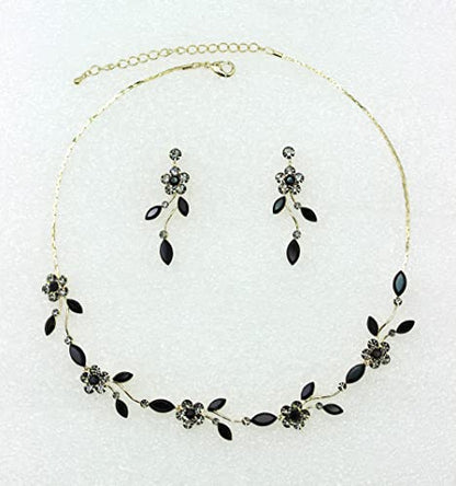 Faship Gorgeous Rhinestone Crystal Floral Necklace Earrings Set - color: Black / gold plated