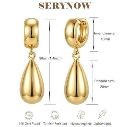 14K Gold Plated Chunky Huggie Hoop Earrings, Plump Teardrop Dangle Drop Earrings Elegant Statement Jewelry for Women - color: teardrop-long/gold
