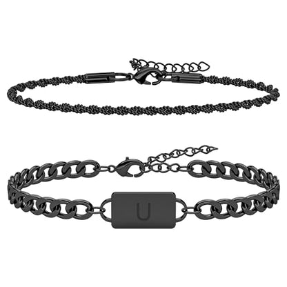 2PCS Initial Letter Stainless Steel Bracelet, A-Z Letter Pendant Silver Gold Black Cuban Rope Link Chain for Men Women Jewelry Set - color: Black