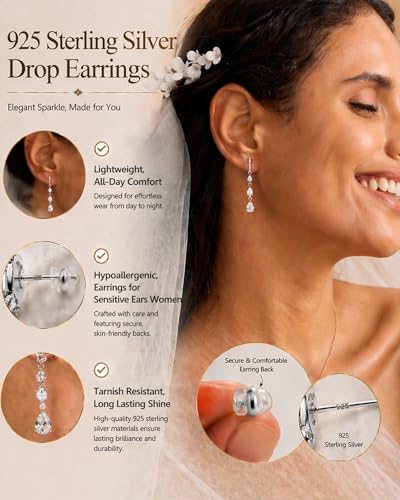 14K Gold Plated/Sterling Silver CZ Pearl Drop Dangle Earrings for Women - color: Silver-Long CZ
