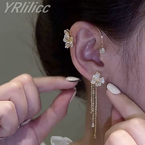 2Pcs Butterfly Ear Cuffs Rhinestone Clip On Earrings | Rhinestone butterfly ear cuffs with non piercing clip on design; silver ear wrap climber jewelry for parties and weddings - style: Style D Gold
