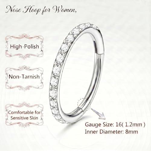Staligue Nose Hoop ring - 316L Surgical Steel Nose Ring 16/18/20G Hinged Diamond Nose Ring Hoop Septum Clicker Rings Cartilage Earring Helix Rook Tragus Daith Piercing Jewelry for Women 6MM/8MM/10MM/12MM - color: Silver, size: 16G-8MM