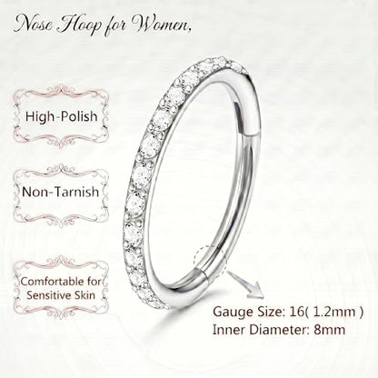 Staligue Nose Hoop ring - 316L Surgical Steel Nose Ring 16/18/20G Hinged Diamond Nose Ring Hoop Septum Clicker Rings Cartilage Earring Helix Rook Tragus Daith Piercing Jewelry for Women 6MM/8MM/10MM/12MM - color: Silver, size: 16G-8MM