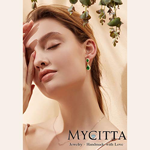 Pave Teardrop Earrings for Wedding Sterling Silver Double Pear Shaped CZ Cubic Zirconia Crystal Rhinestone Birthstone Dangle Earrings Bridal Jewelry for Bride Bridesmaids - color: Graceful Emerald
