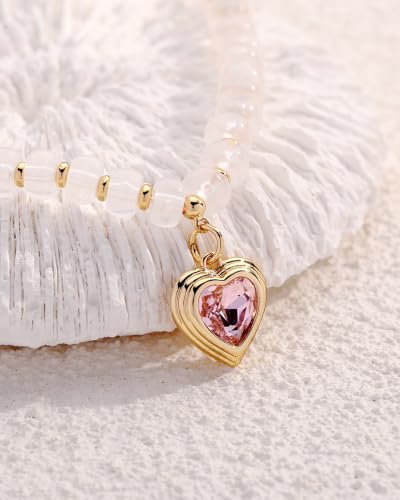 Boho Beaded Choker Necklaces for Women with A Gold Heart CZ - color: White