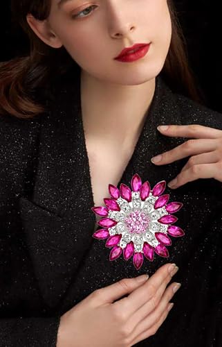 Rhinestone Sunflower Brooch for Women Sparkling Cubic Zirconia Flower Brooch Pin Elegant Large Crystal Floral Lapel Pin Dainty Clothing Hat Bag Accessories Christmas Wedding Bridal Birthday Jewelry - color: Rose Red