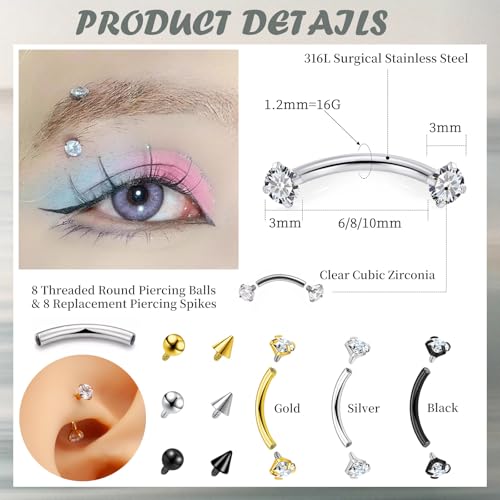 16G Eyebrow Piercing Jewelry Rook Earrings for Women Internal Thread Curved Barbell CZ Eyebrow Rings Vertical Labret Lip Jewelry Ear Rook Stud Small Tiny Belly Button Ring 6mm/8mm/10mm - color: Silver Black
