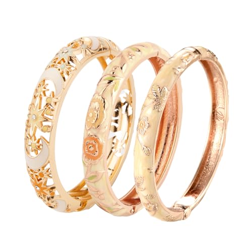wynameleri Womens Multi-colors Cloisonne Bracelets Flower Enameled Gold Plated Hinged Cuff Bangles Jewelry Gift 3 Packs - color: 3 Pcs Set-Cream Yellow