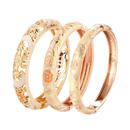 wynameleri Womens Multi-colors Cloisonne Bracelets Flower Enameled Gold Plated Hinged Cuff Bangles Jewelry Gift 3 Packs - color: 3 Pcs Set-Cream Yellow