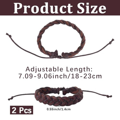 2PCS Braided Genuine Leather Punk Cuff Bracelets Adjustable Rustic Cowhide Wrap Wristband Woven Rope Wrist Band Bracelet for Men Women Daily Wear Costume Party Gift(Dark Brown) - color: Coconut Brown