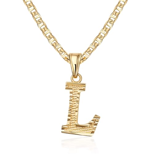 Barzel 18K Gold Plated Initial Necklace with Diamond Cut Initial, Waterproof, High Polish Finish, Made in Brazil - style: L