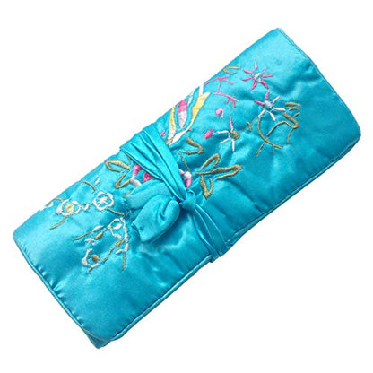 Travel Jewelry Roll Bag - Silk Embroidered Brocade Pouch for Rings, Necklaces, Earrings, Bracelets | Lightweight & Tie Closure (Sky Blue) - color: Sky Blue