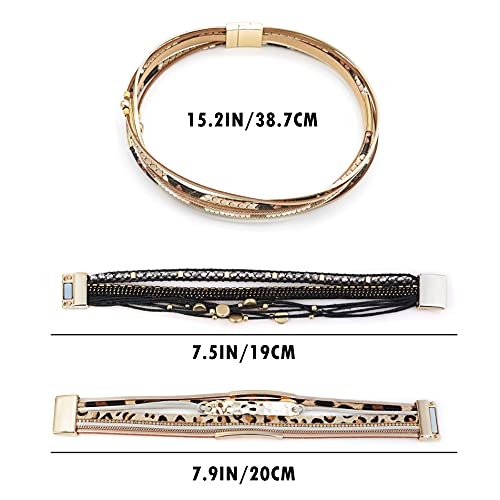 Wowanoo 3Pack Leather Cuff Bracelet Set Multilayer Wrap Bracelet Crystal Feather Tree Bracelet Magnetic Clasp Bracelet for Women - color: Leopard Black
