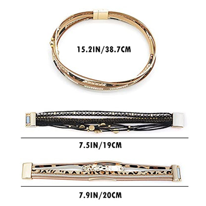 Wowanoo 3Pack Leather Cuff Bracelet Set Multilayer Wrap Bracelet Crystal Feather Tree Bracelet Magnetic Clasp Bracelet for Women - color: Leopard Black