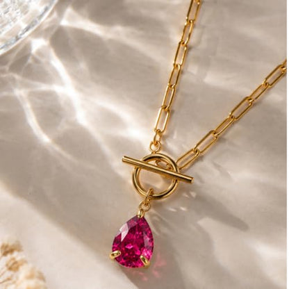 Teardrop CZ Pendant Paperclip Chain Necklace 18K Plated Paperclip Toggle Necklace Jewelry Birthstone Gift for Women - color: Ruby-July