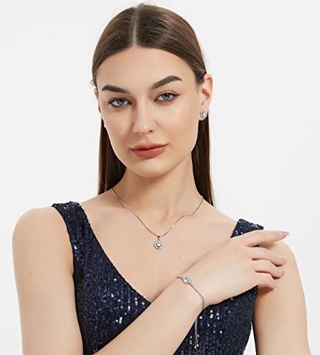 Bridesmaid Bride Wedding Jewelry Set - Round Cubic Zirconia | Earrings Necklace Bracelet Set, Hypoallergenic Prom Party Jewelry Gift for Her - color: Silver
