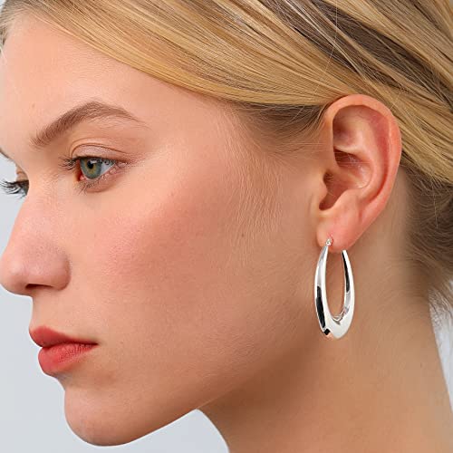 PABBEU Chunky Silver Hoops Earrings for Women Hypoallergenic | Lightweight 925 Sterling Silver Oval Hoop Earring, Sterling Silver Thick Hoop Earrings for Women Gift 25/28/30/38/40mm - color: 30mm Silver