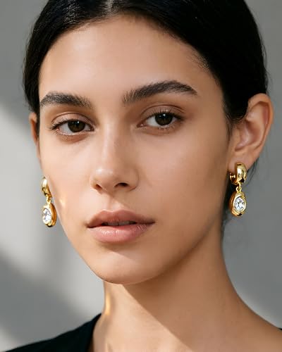 14K Gold Plated Chunky Huggie Hoop Earrings, Plump Teardrop Dangle Drop Earrings Elegant Statement Jewelry for Women - color: CZ oval/gold