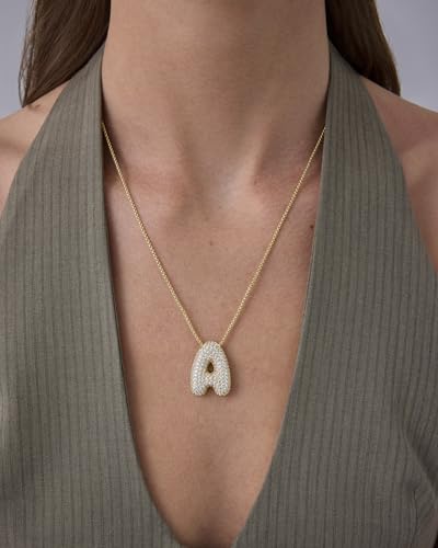 PAVOI 14K Gold Plated Cubic Zirconia Bubble Letter Initial Necklaces for Women | Gold Balloon Necklace Letter | Chunky Pendant Necklaces - style: -F
