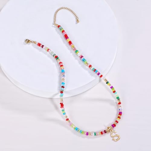 YOUFENG Initial Letter Necklaces for Women Colorful Beaded Gemstone Choker 14K Gold Plated Bamboo Letter Pendant Necklace Natural Stone Handmade Jewelry Gift - color: S