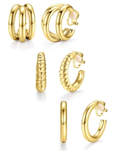 Giovanchi 3Pairs Clip on Earrings for Women with Non-Pierced Ears - Trendy Hypoallergenic 14K Gold Plated Chunky Tube Croissant Waterdrop Clip on Hoop Earrings - style: D-Gold