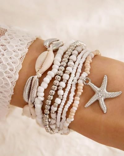 Shell Bracelets for Women Layered Seashell Starfish Bracelets Stackable Stretch Boho Beaded Bracelet Summer Beach Surfer Bracelet Seaside Beach Dress Outfits Accessories - color: A4:shell bracelets